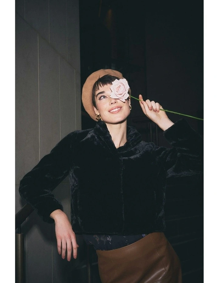 Faux Fur Cropped Jacket in Black image 2