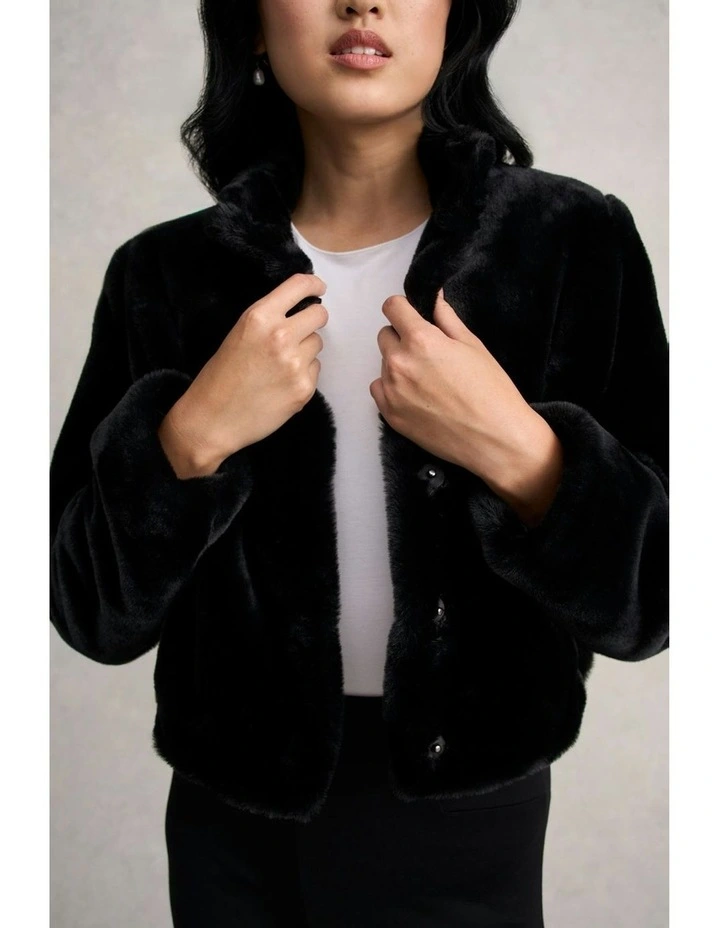 Faux Fur Cropped Jacket in Black image 3