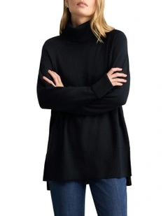 Side Split Merino Wool Jumper in Ink