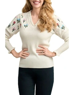 Embroidered Wool Jumper in Cream