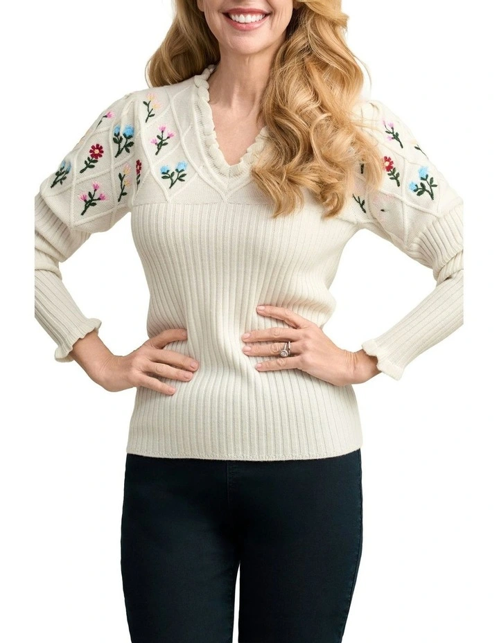 Embroidered Wool Jumper in Cream image 1