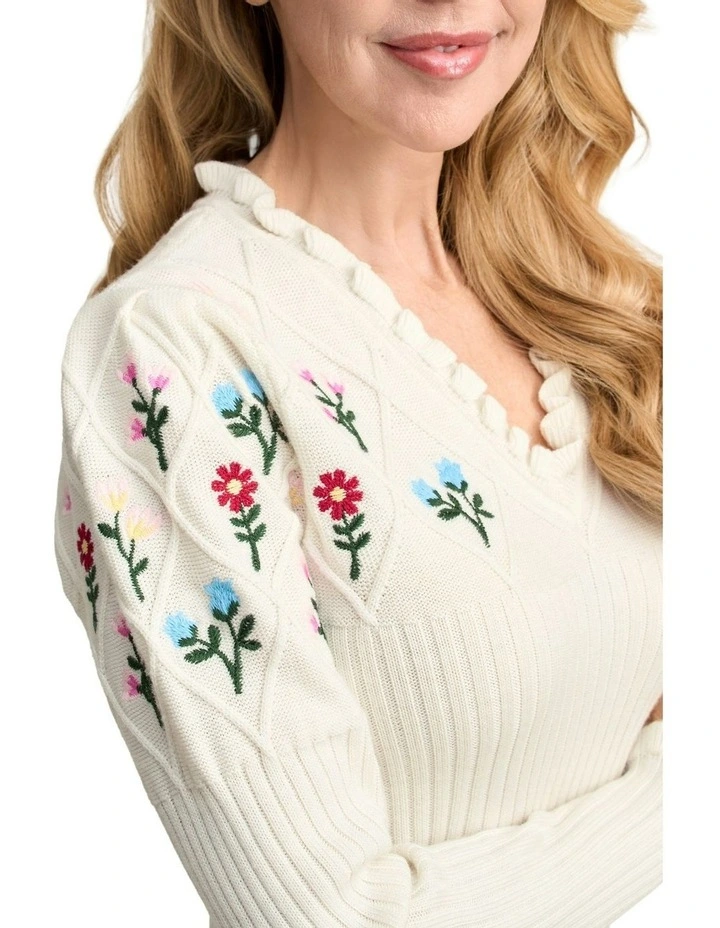 Embroidered Wool Jumper in Cream image 2
