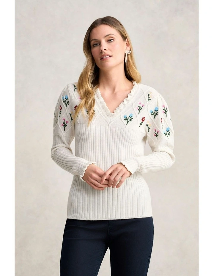 Embroidered Wool Jumper in Cream image 4