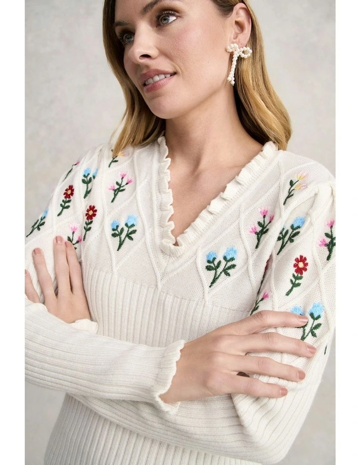 Embroidered Wool Jumper in Cream image 5