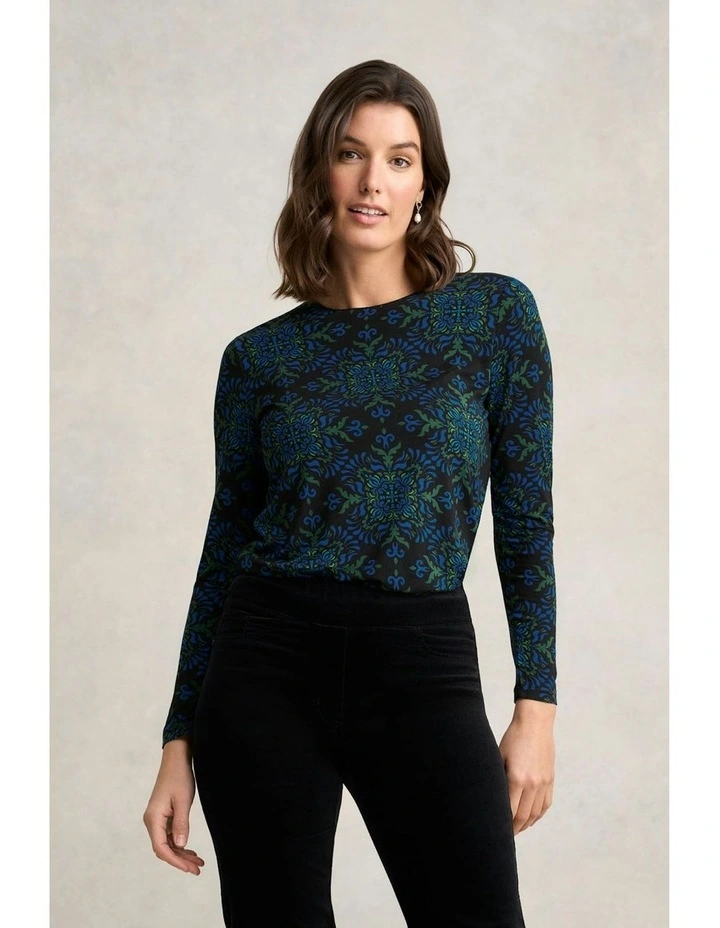 Long Sleeve La Boheme Print Crew Neck Top in Blue image 1