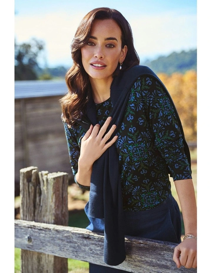 Long Sleeve La Boheme Print Crew Neck Top in Blue image 2