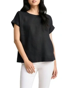 Linen Button Back Top in Black