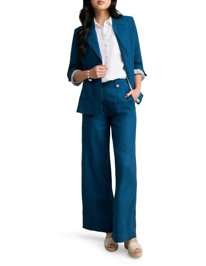 Full Length Waist Tab Linen Pant in Navy Delave image 4