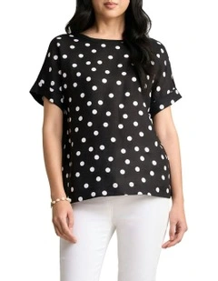 Linen Mix Top in Black Polka Dot