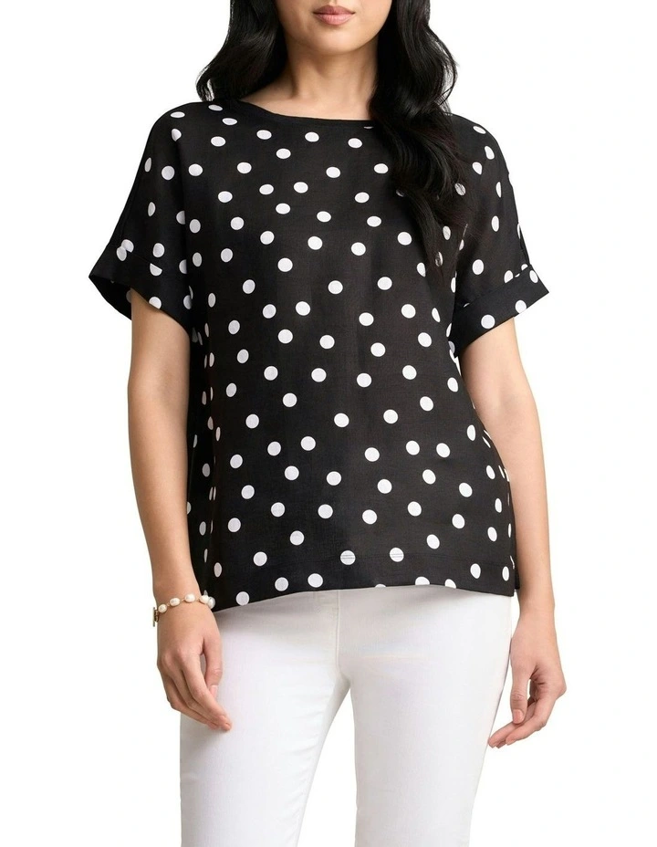 Linen Mix Top in Black Polka Dot image 1
