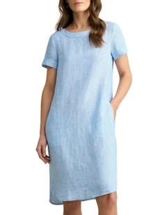 Scoop Neck Linen Dress in Chambray Cross Dye