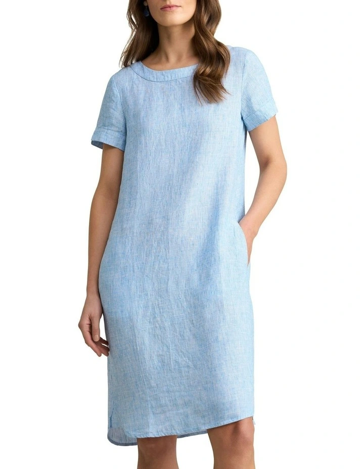 Scoop Neck Linen Dress in Chambray Cross Dye image 1