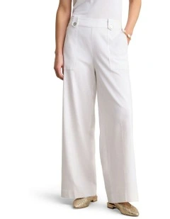 Full Length Waist Tab Linen Pant in White