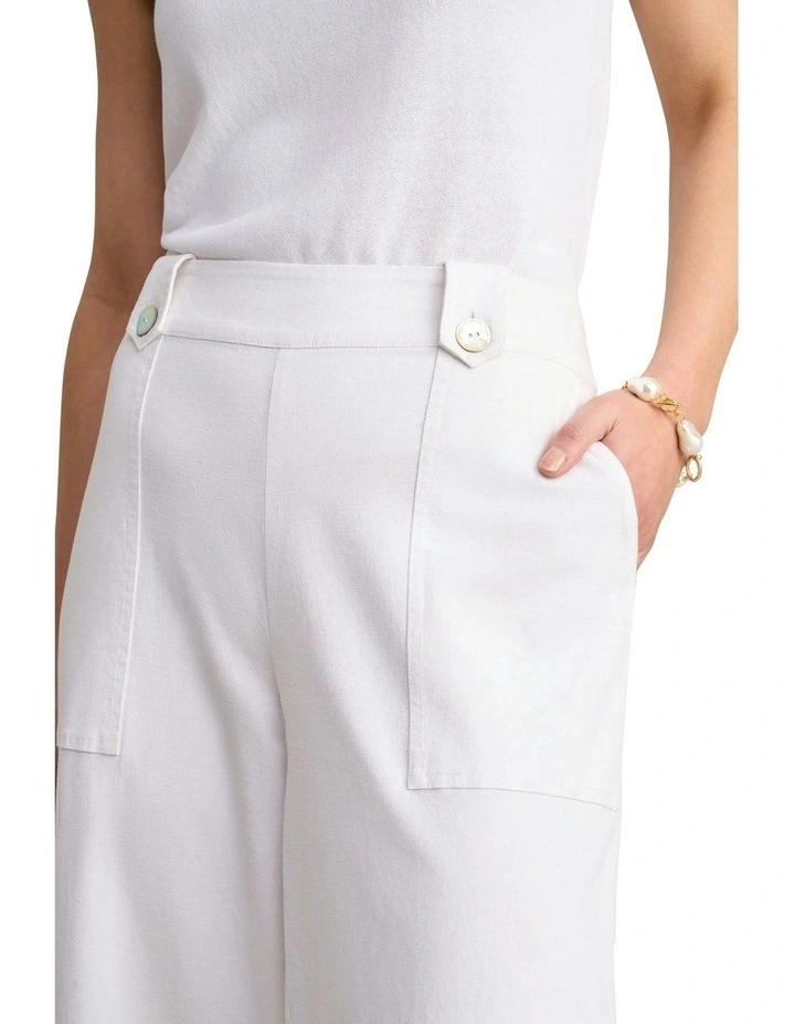 Full Length Waist Tab Linen Pant in White image 3