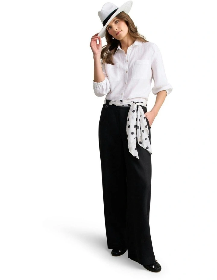 Full Length Waist Tab Linen Pant in Black image 2