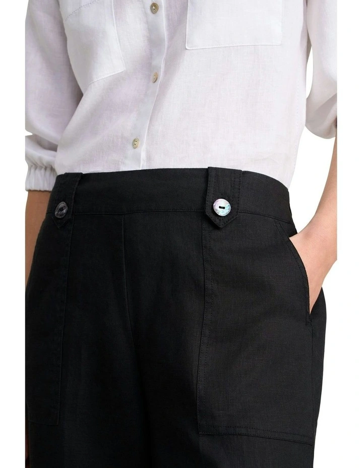 Full Length Waist Tab Linen Pant in Black image 3