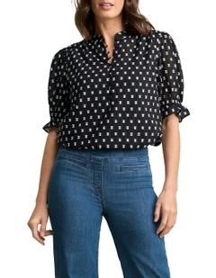 Jacquard Cotton Blouse in Black/White Multi