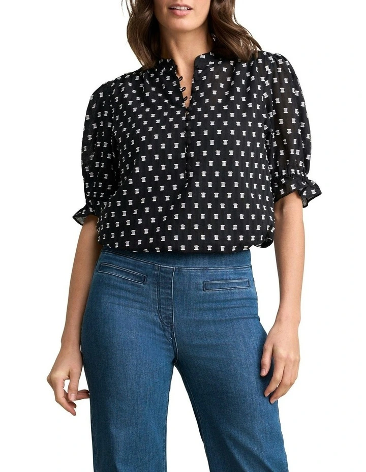 Jacquard Cotton Blouse in Black/White Multi image 1