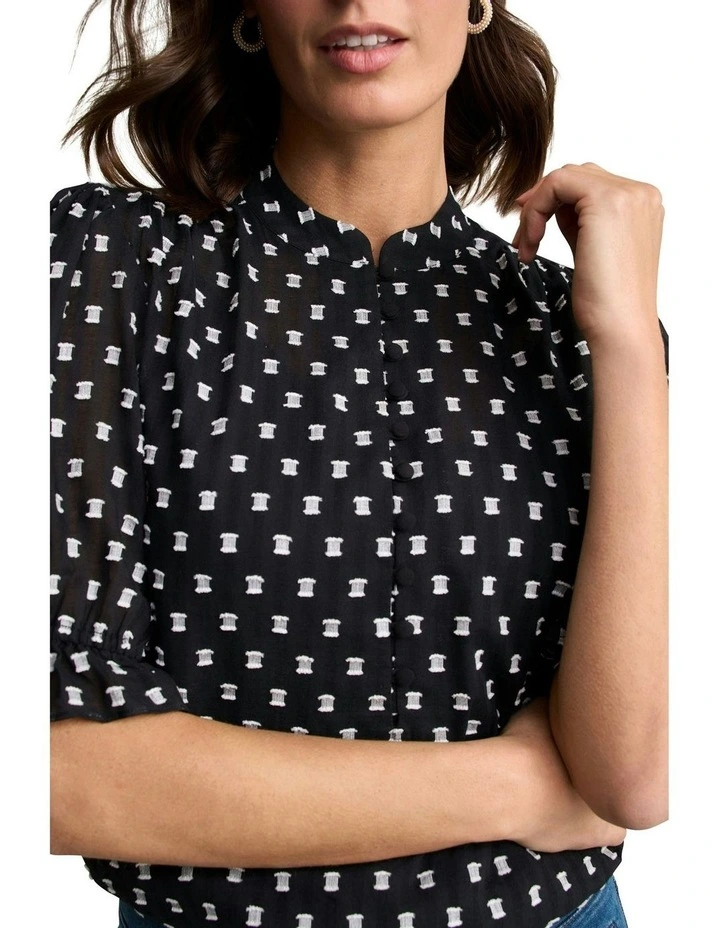 Jacquard Cotton Blouse in Black/White Multi image 3