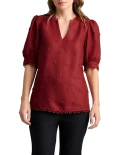 Lace Trim Linen Top in Crimson