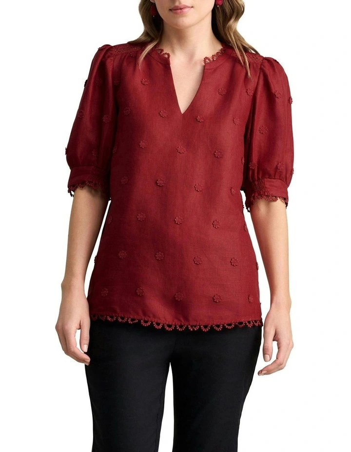 Lace Trim Linen Top in Crimson image 1