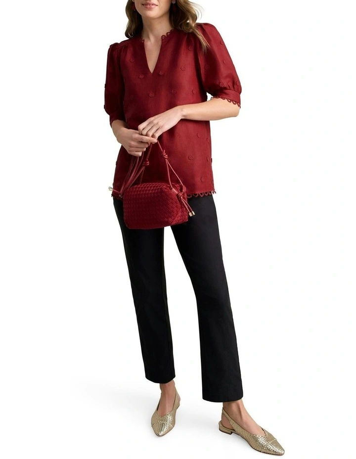 Lace Trim Linen Top in Crimson image 2