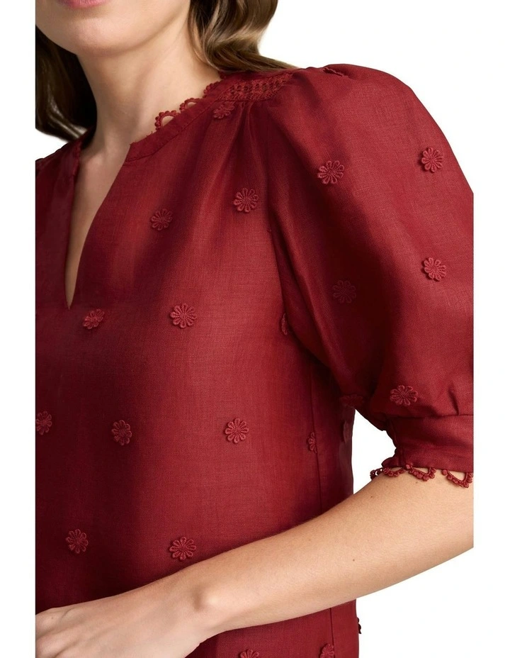 Lace Trim Linen Top in Crimson image 3