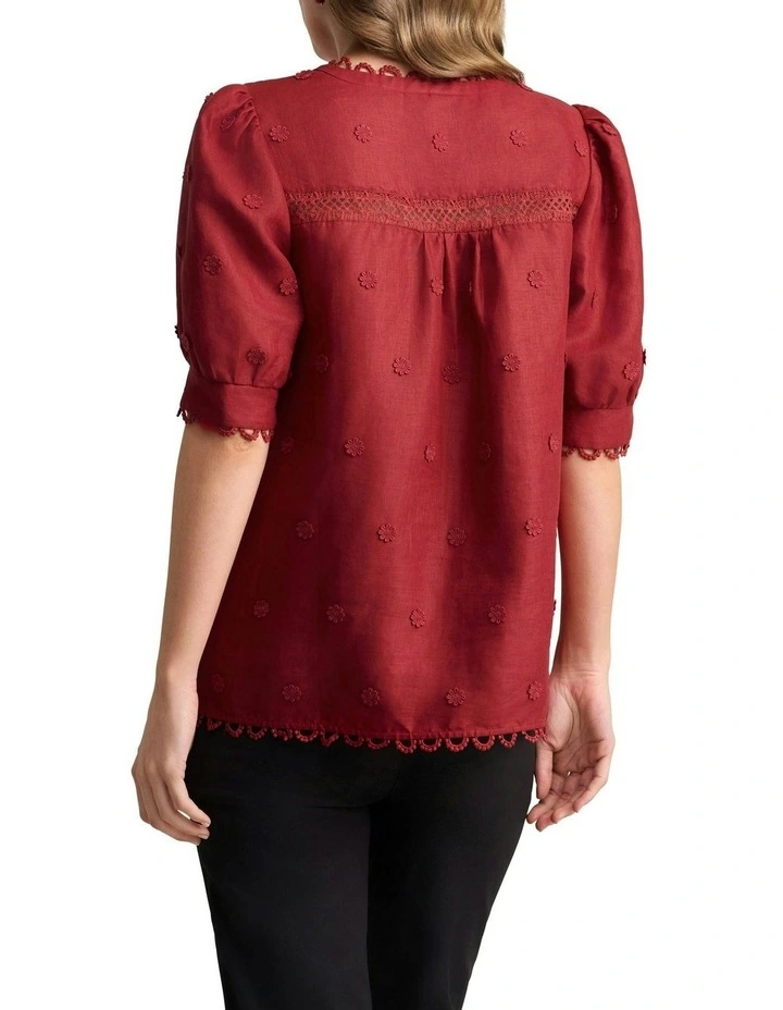 Lace Trim Linen Top in Crimson image 4