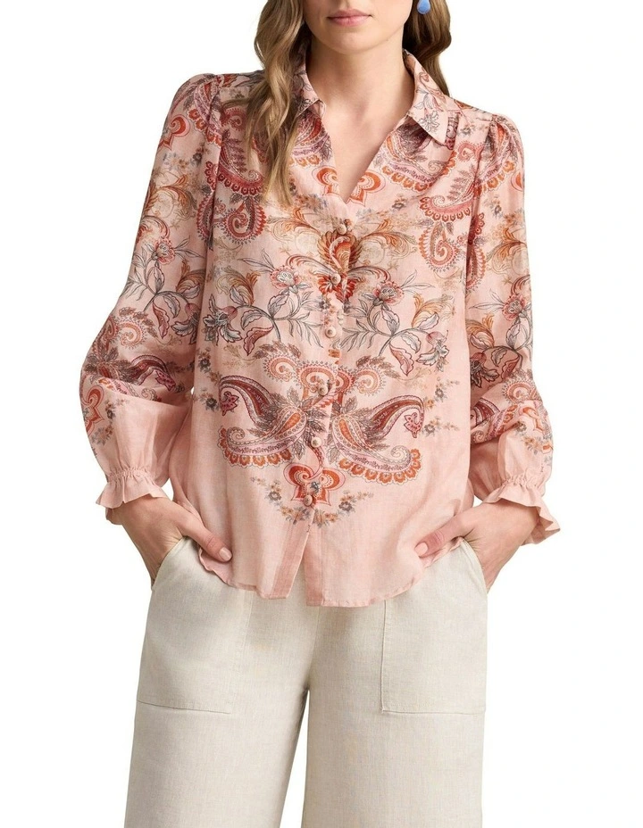 Cotton Silk Printed Shirt in Peach Paisley Print image 1
