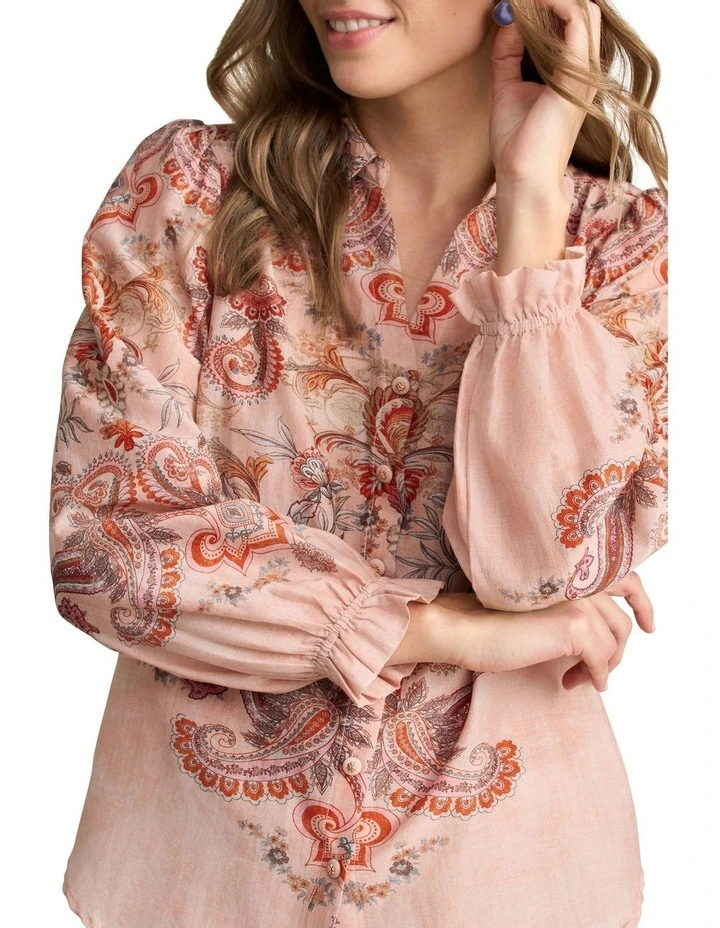 Cotton Silk Printed Shirt in Peach Paisley Print image 2