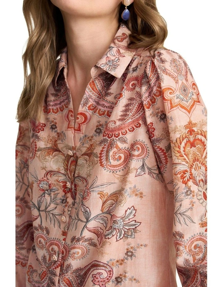 Cotton Silk Printed Shirt in Peach Paisley Print image 4