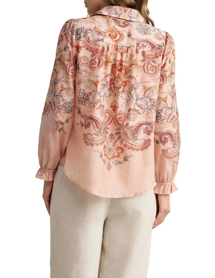 Cotton Silk Printed Shirt in Peach Paisley Print image 5