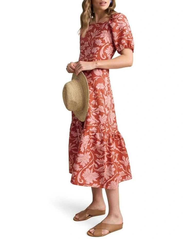 Linen Blend Printed Midi Dress in Rosewood Print image 1