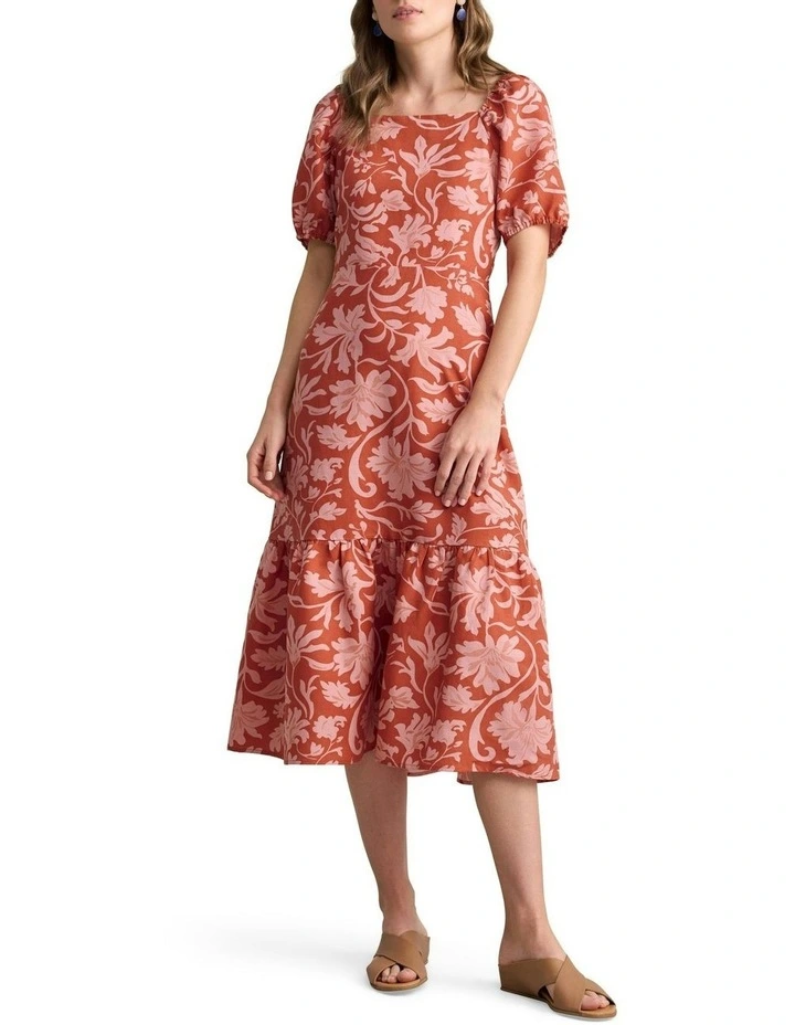 Linen Blend Printed Midi Dress in Rosewood Print image 2