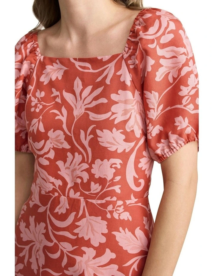 Linen Blend Printed Midi Dress in Rosewood Print image 3