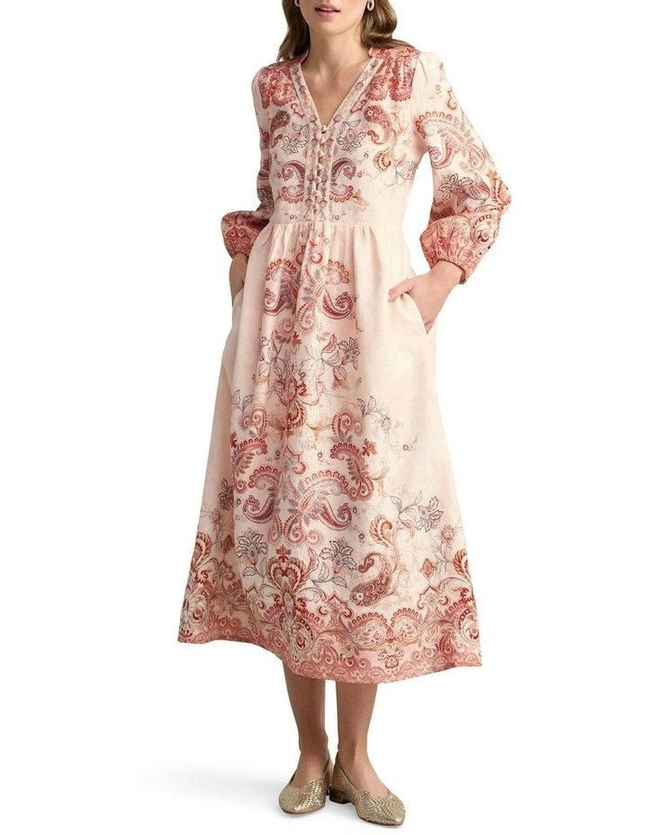 Printed French Linen Dress in Peach Paisley Print image 1