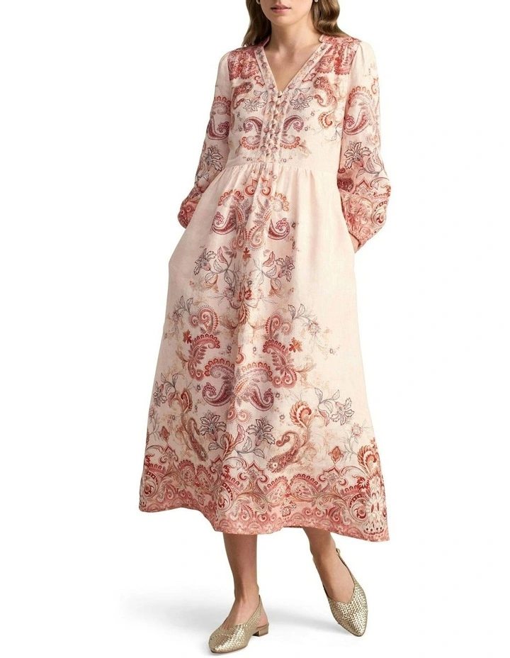 Printed French Linen Dress in Peach Paisley Print image 2
