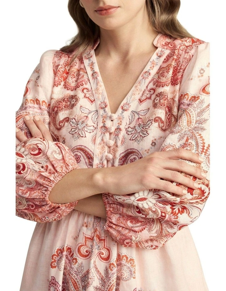 Printed French Linen Dress in Peach Paisley Print image 3
