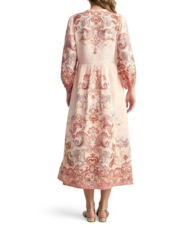 Printed French Linen Dress in Peach Paisley Print image 4