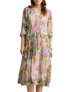 Pintuck Georgette Dress in Meadow Print