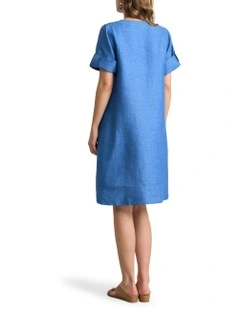 Stitch Detail Linen Dress in Periwinkle Cross Dye
