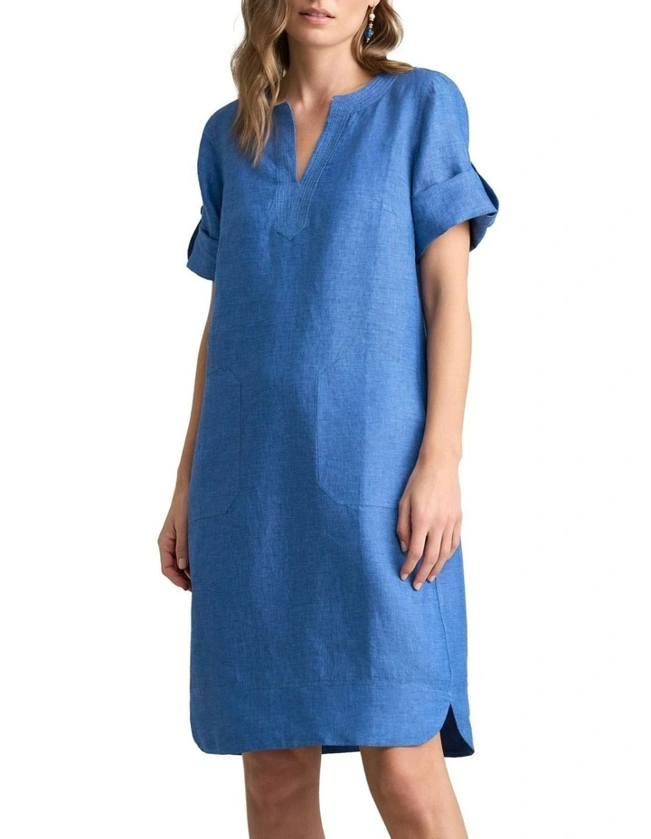 Stitch Detail Linen Dress in Periwinkle Cross Dye image 2