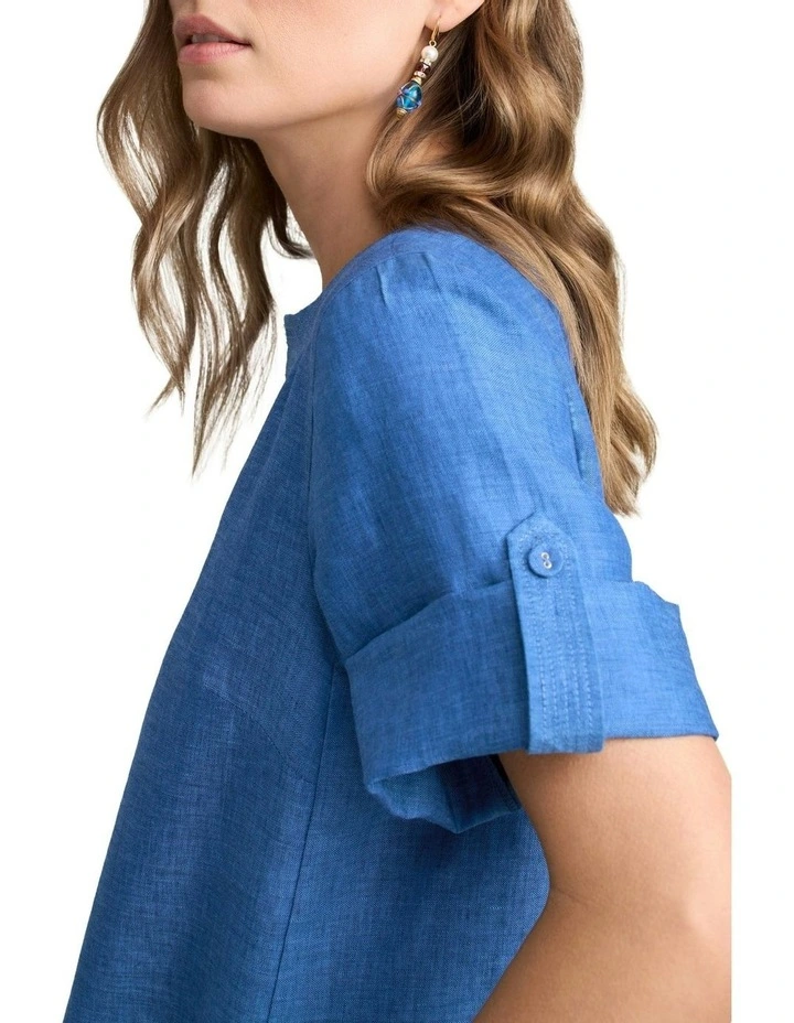 Stitch Detail Linen Dress in Periwinkle Cross Dye image 3