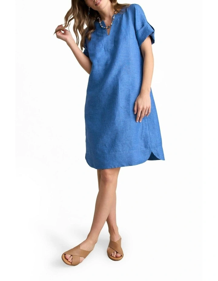 Stitch Detail Linen Dress in Periwinkle Cross Dye image 4