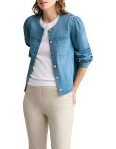 Puff Sleeve Denim Jacket in Mid Denim Blue