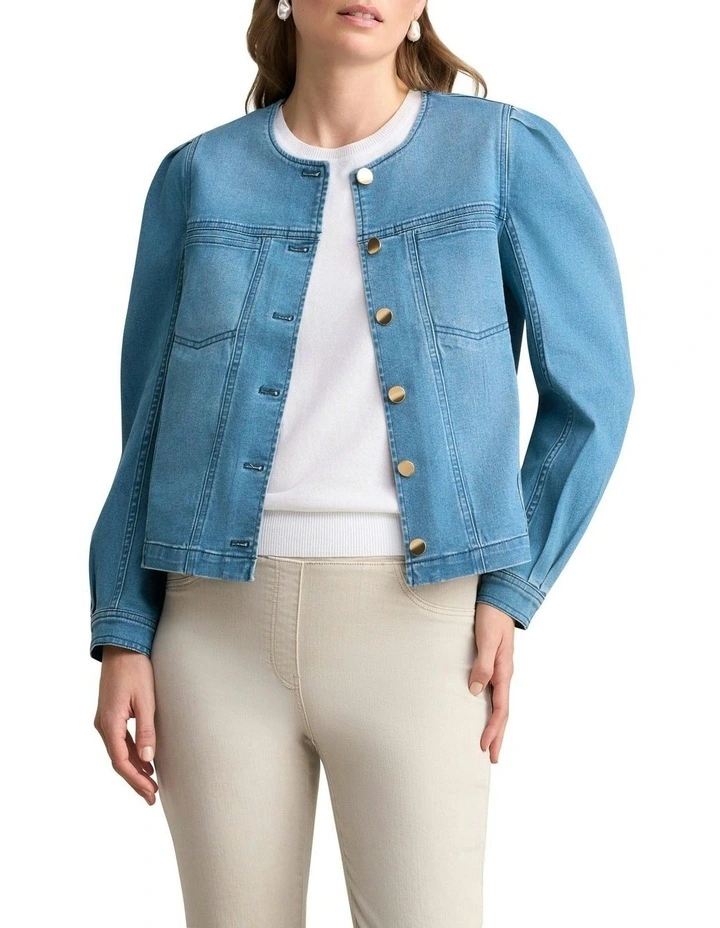 Puff Sleeve Denim Jacket in Mid Denim Blue image 2