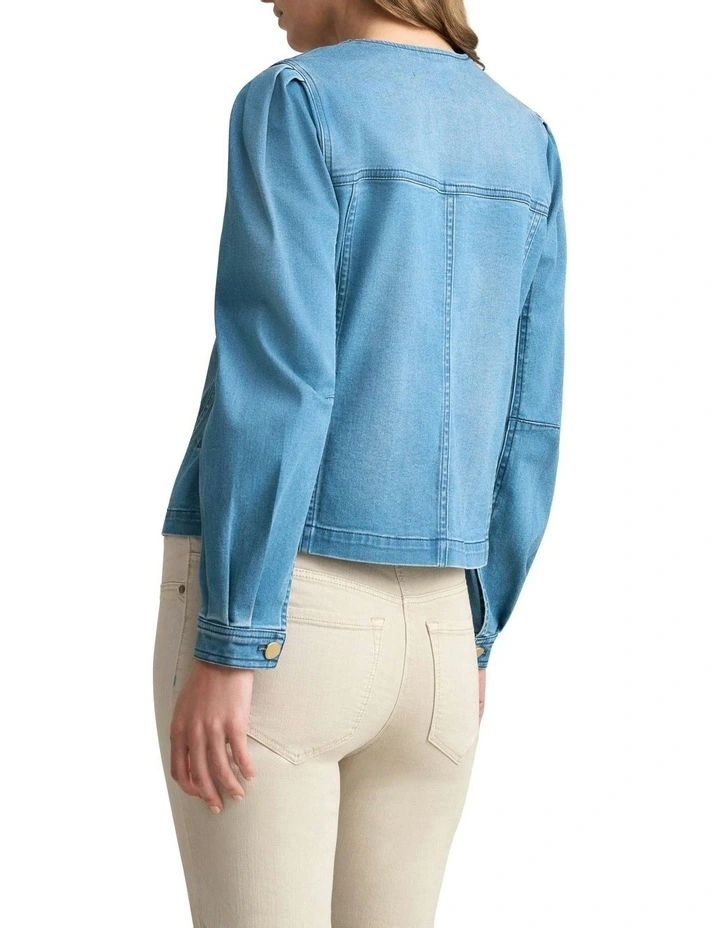 Puff Sleeve Denim Jacket in Mid Denim Blue image 4