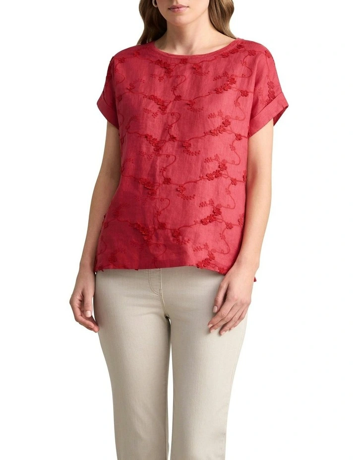 Mixed Linen Floral T-shirt in Watermelon image 1