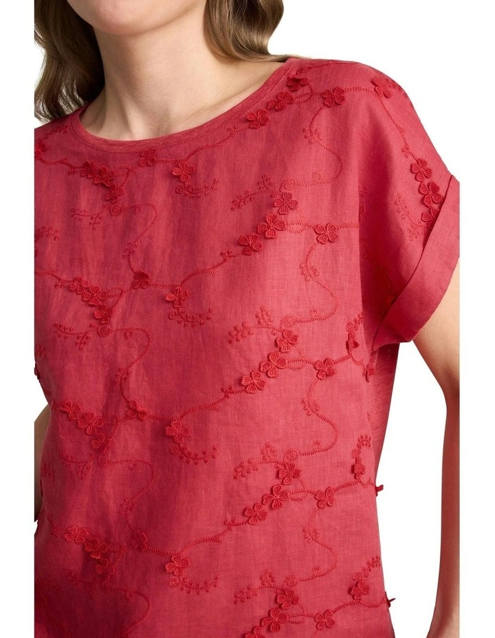 Mixed Linen Floral T-shirt in Watermelon image 3