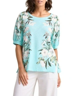 Printed Button Detail T-shirt in Blue